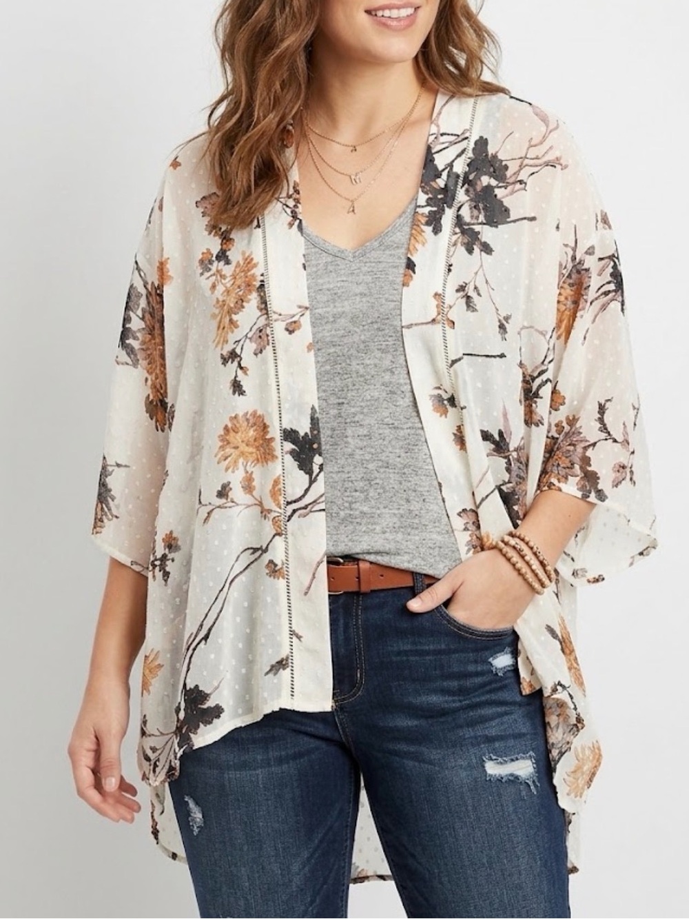 Maurices Sheer Floral Lace Inset Kimono Open Front Boho Top L/XL